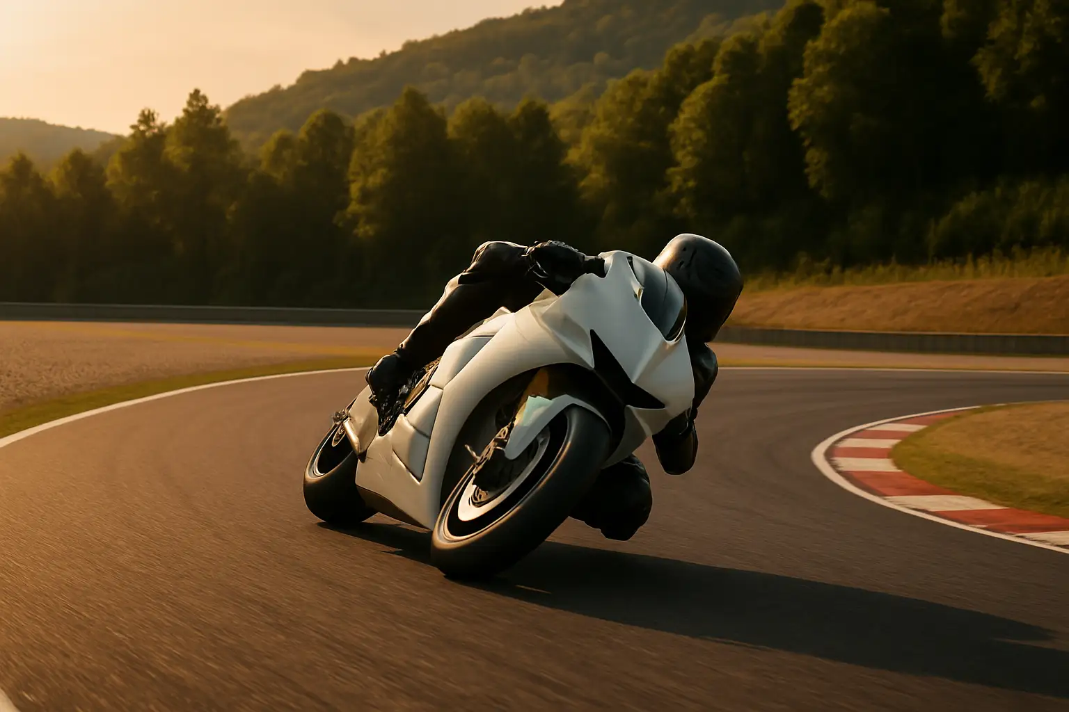 A MotoGP rider leaning through a tight left-hand corner at a circuit surrounded by green hills