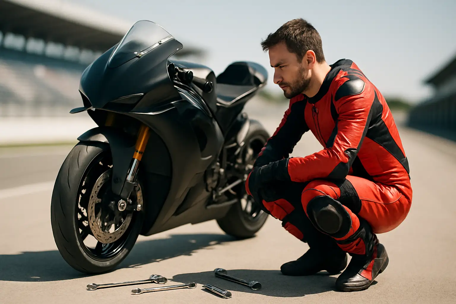 A MotoGP rider in racing leathers crouching beside a modern superbike on a sunlit pit lane, with a blurred racetrack in the background