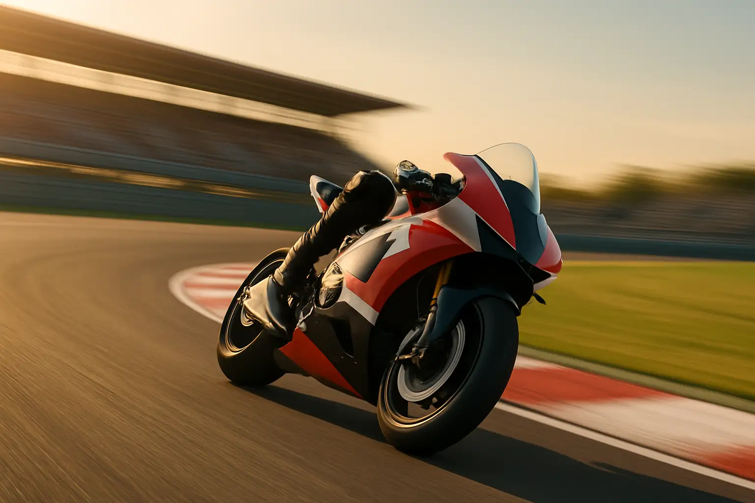 MotoGP rider in full racing gear leaning into a corner on a red prototype race bike