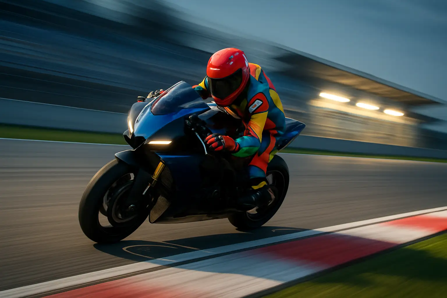 A MotoGP rider in full racing leathers and helmet leans aggressively into a corner on a red racing motorcycle