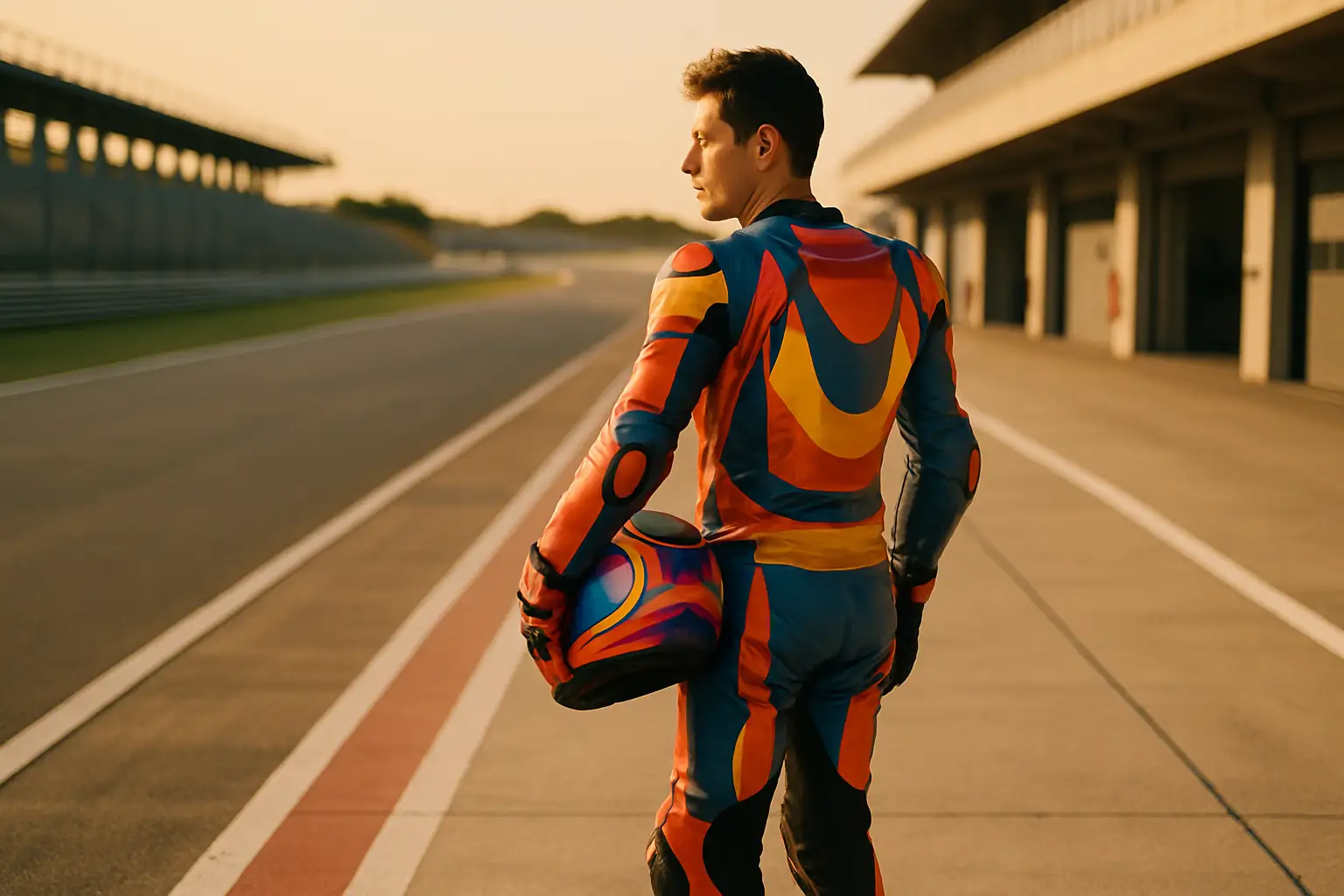 MotoGP rider in full racing leathers standing beside a motorcycle on a circuit pit lane looking thoughtful