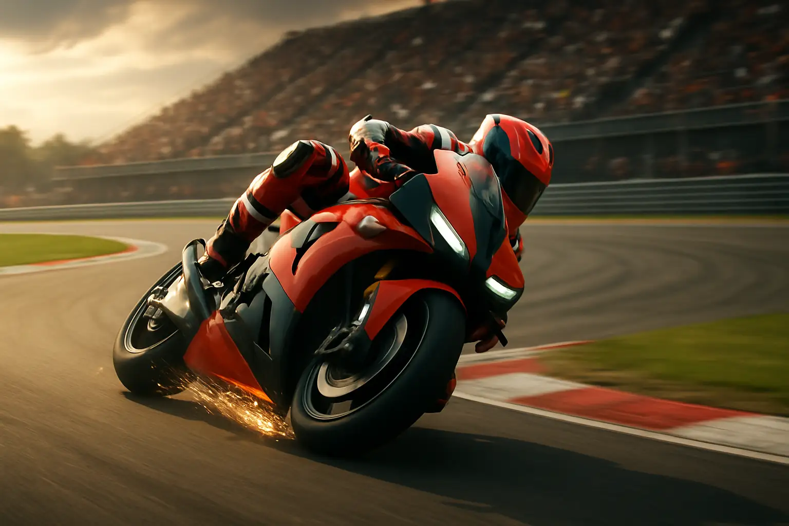 MotoGP rider leaning into a high-speed corner during a grand prix race