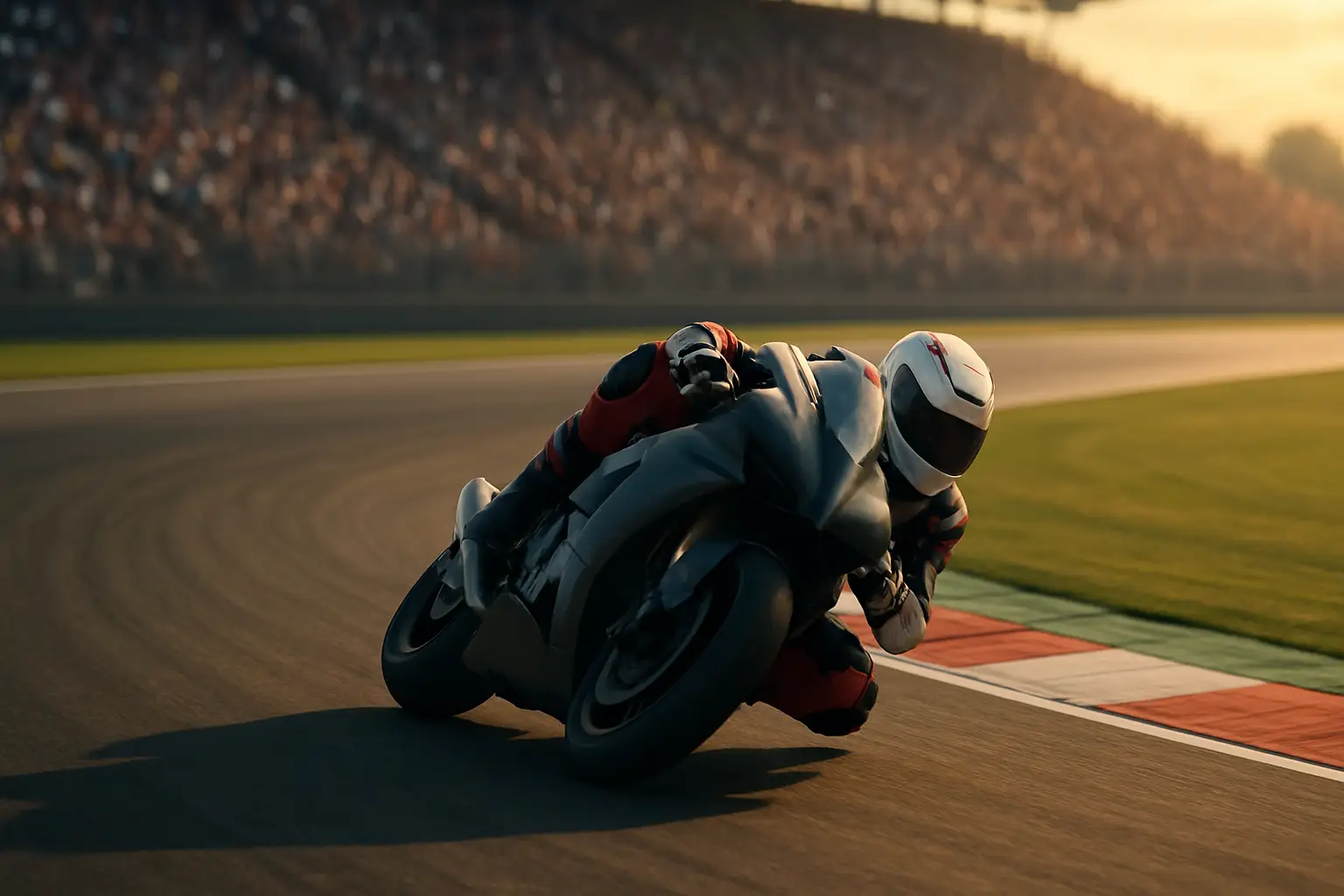 A MotoGP motorcycle at speed on a European circuit during a race
