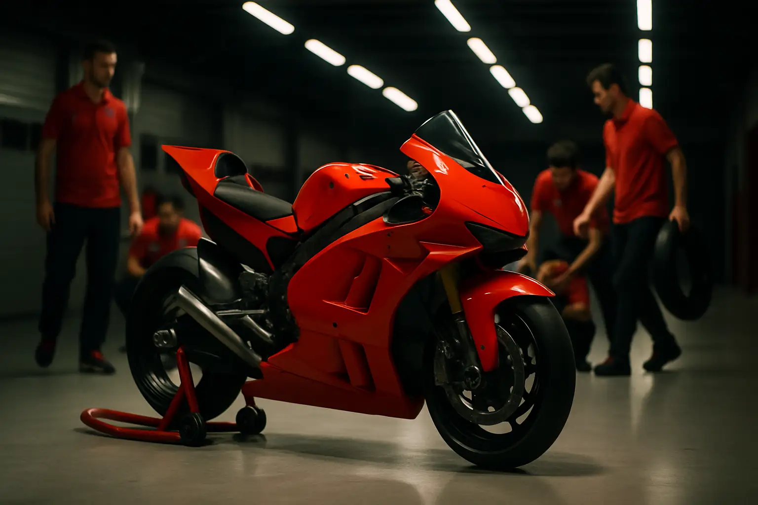 A factory MotoGP Ducati Desmosedici bike on a race circuit pit lane