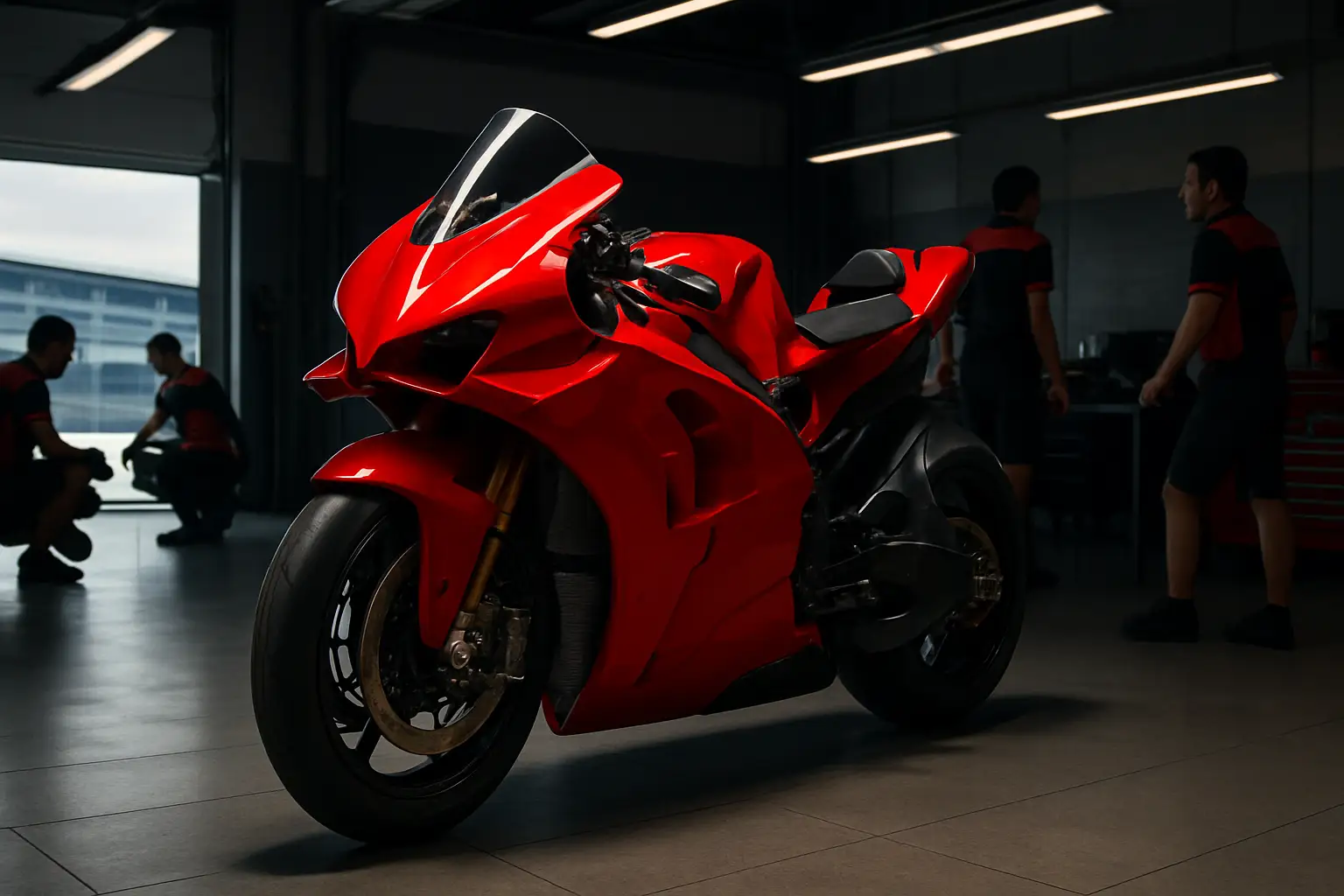 A MotoGP factory team garage with a red racing motorcycle prepared for action on a circuit