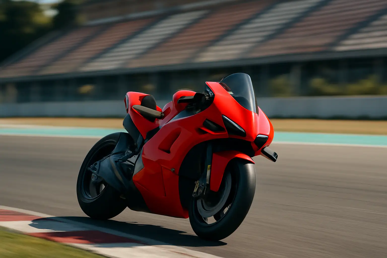 A MotoGP factory bike leaning through a high-speed corner on a sunlit race circuit