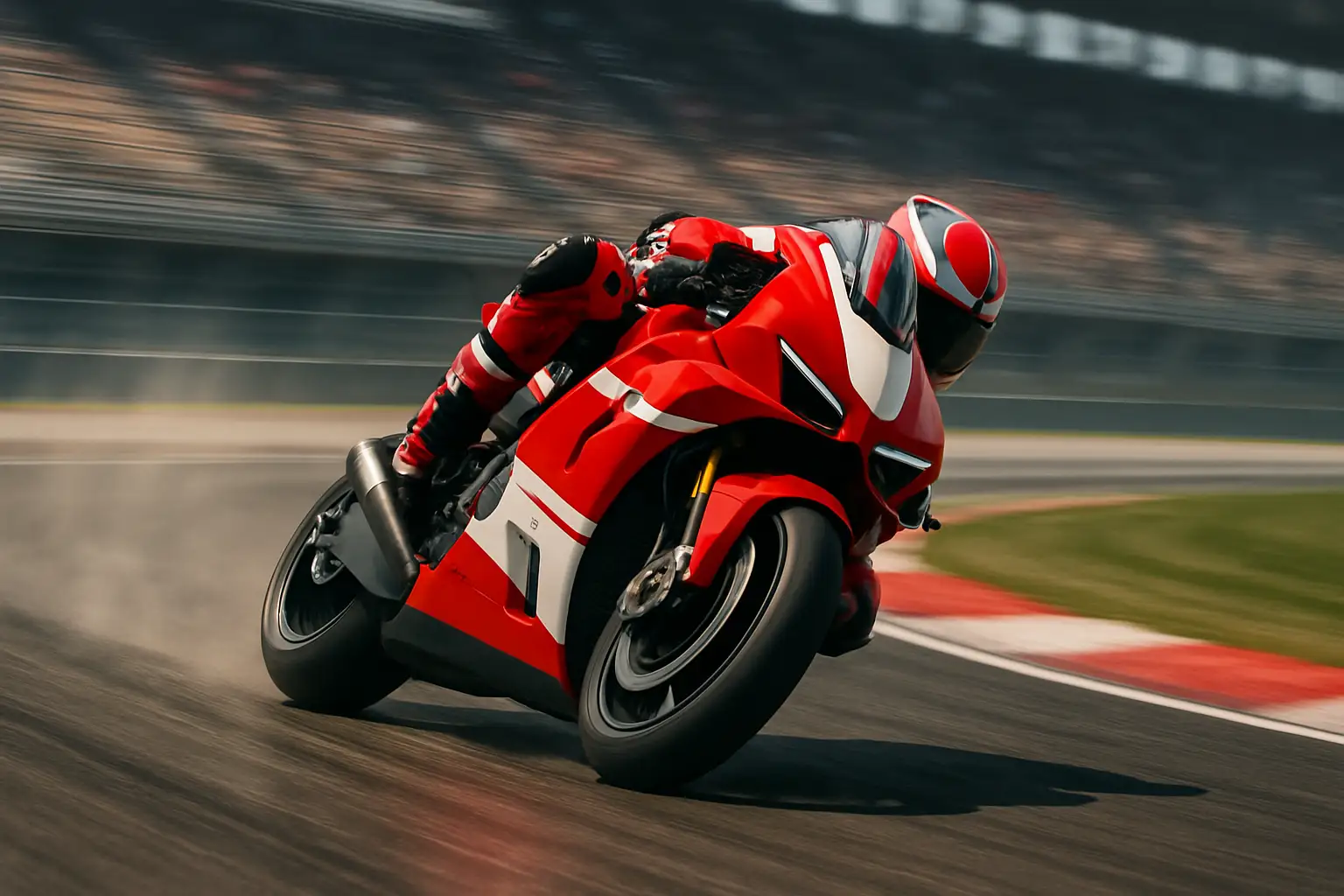 A MotoGP rider on a red racing motorcycle leaning through a fast corner on a sunlit circuit