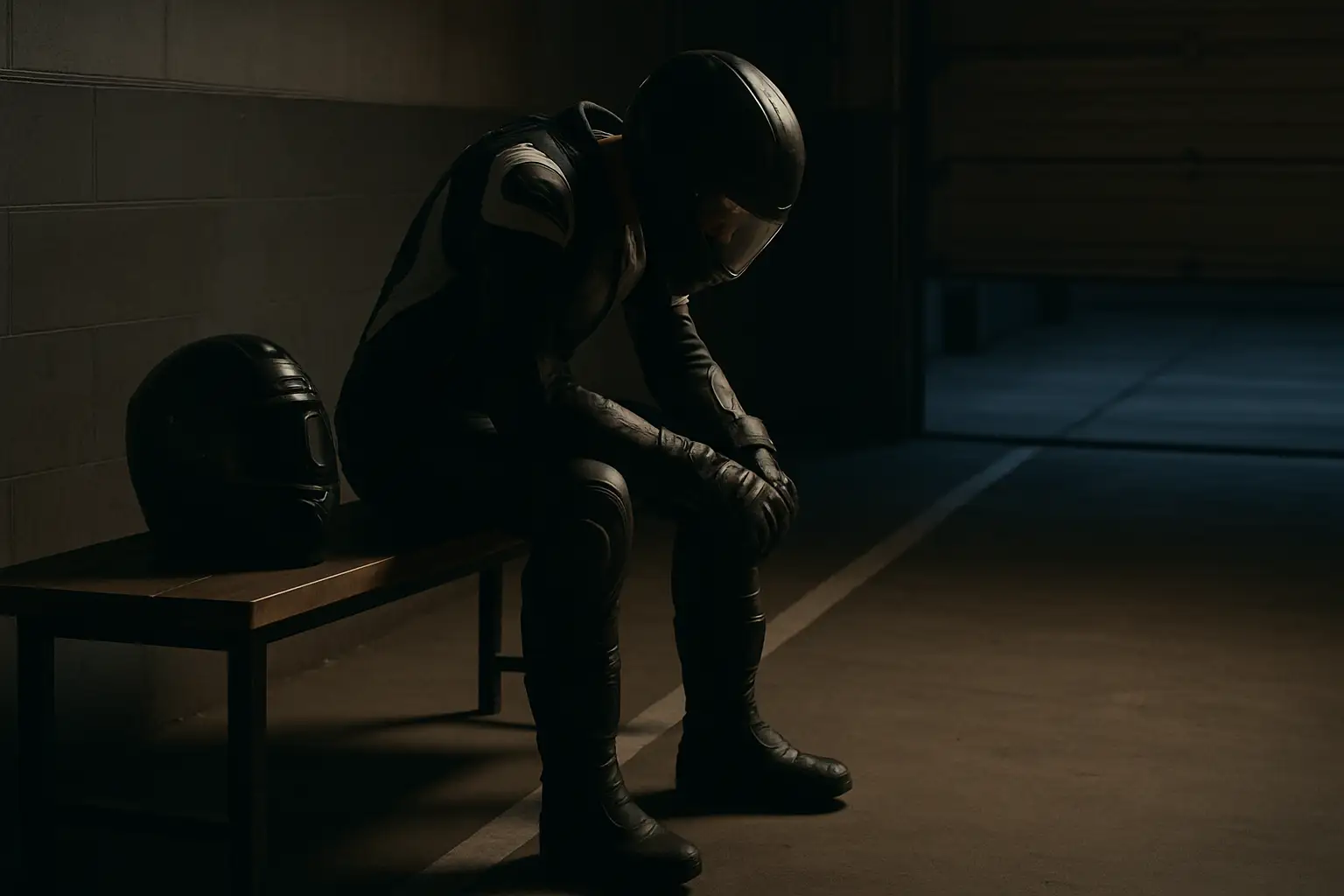 A MotoGP rider sits alone in a garage, helmet resting on the seat, head bowed in reflection