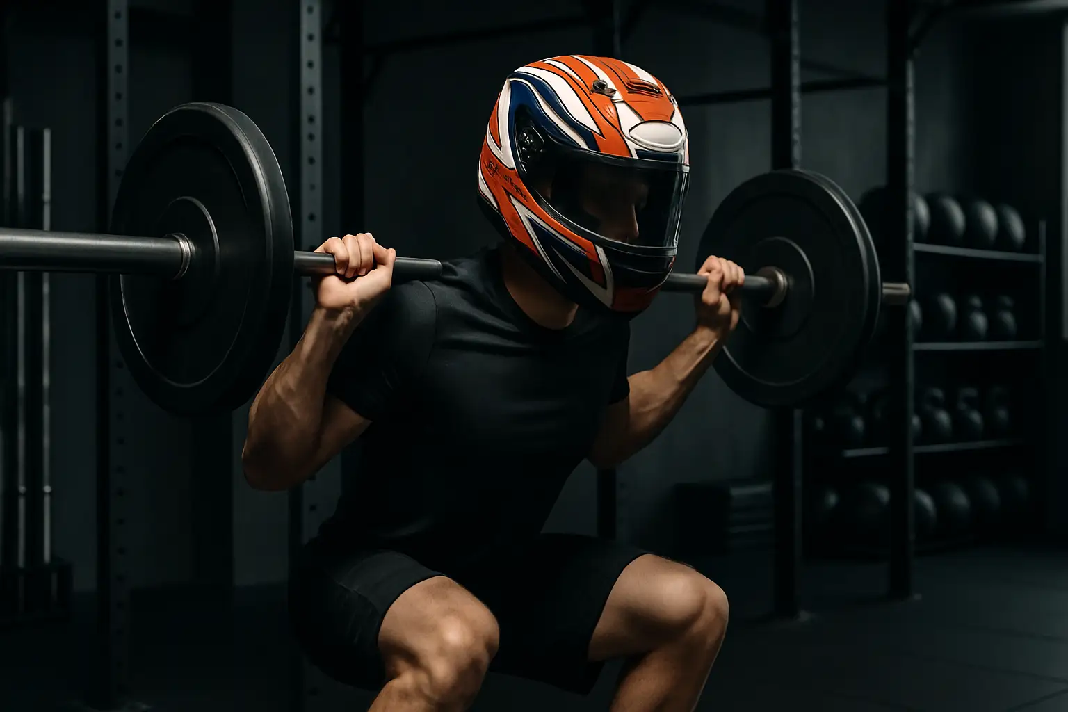 MotoGP rider training in a gym during the summer break, focused on physical conditioning