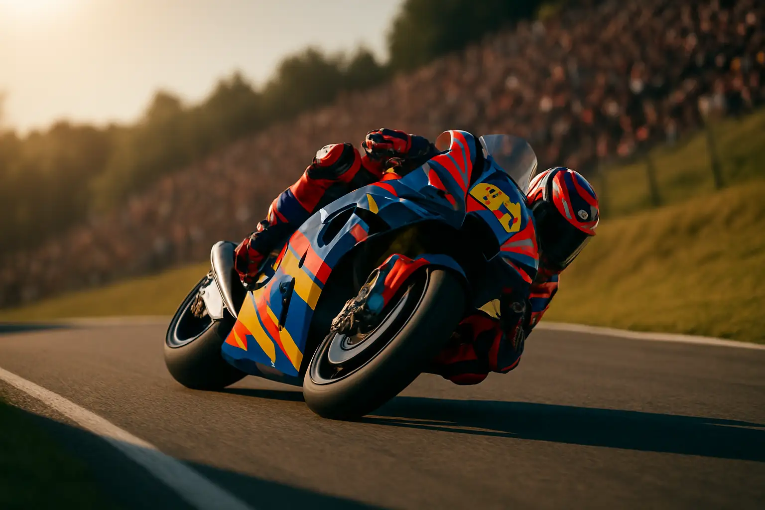 MotoGP rider leaning hard through a tight left-hand corner at a circuit with packed grandstands in the background
