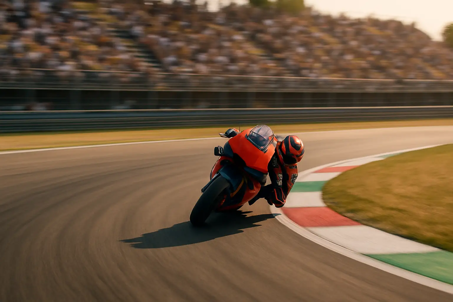 A MotoGP motorcycle leaning through a tight corner at a racing circuit with grandstands in the background