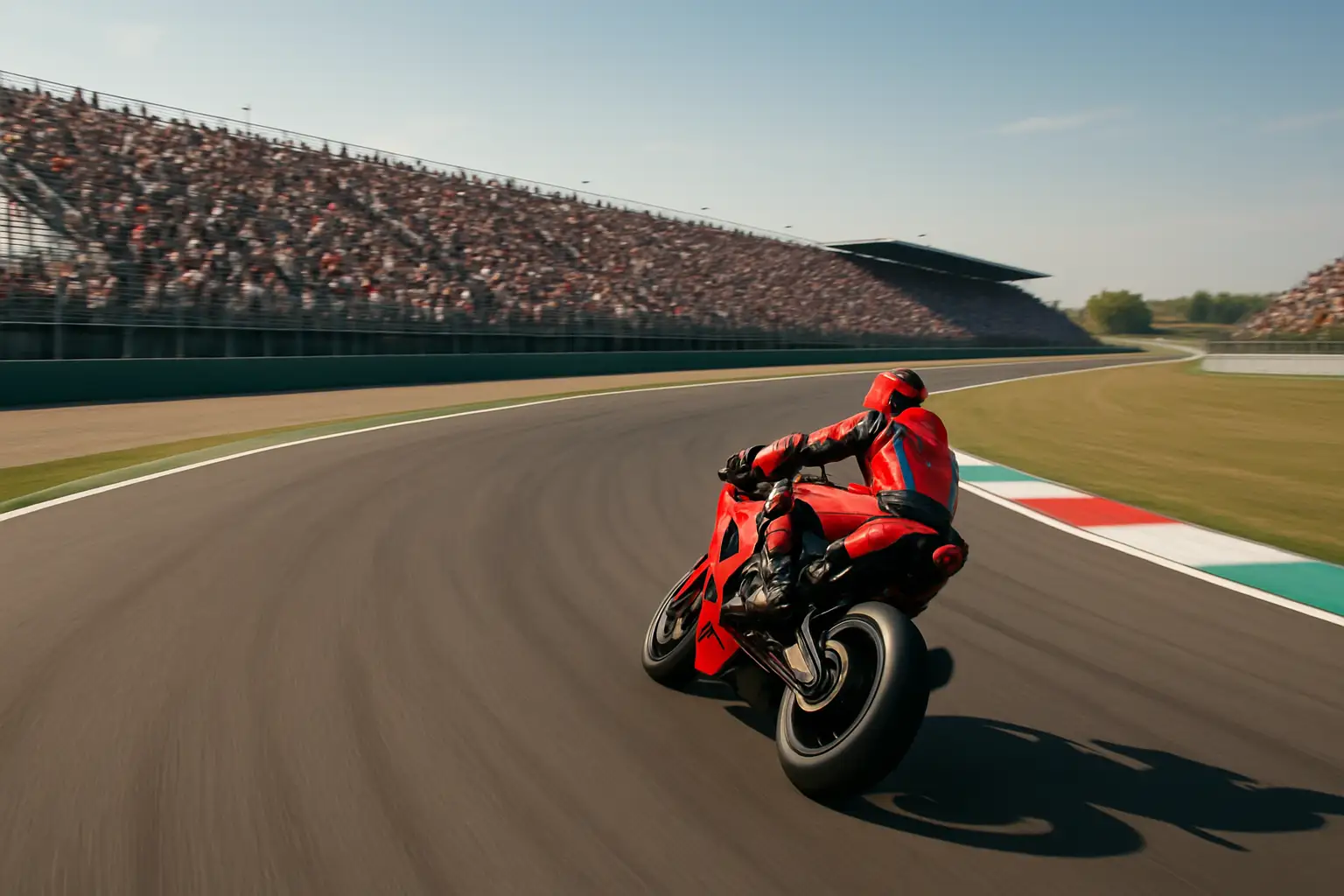 MotoGP rider in red and black leathers leading a race at a European circuit