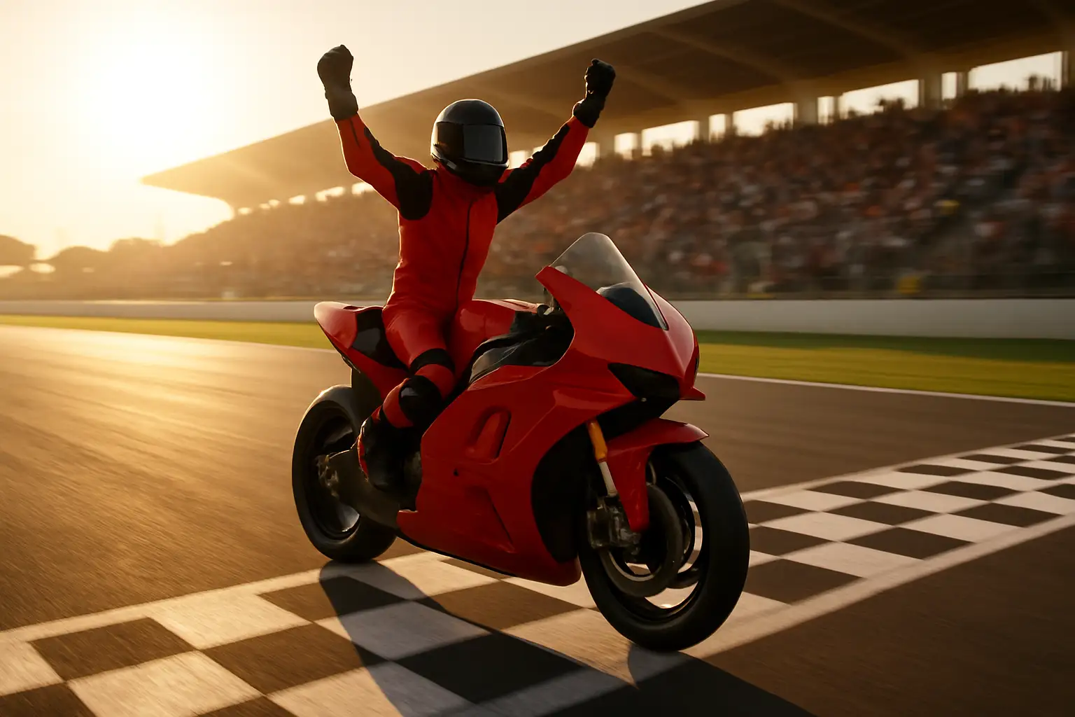 MotoGP rider celebrating a race win on a red Ducati motorcycle at a European circuit