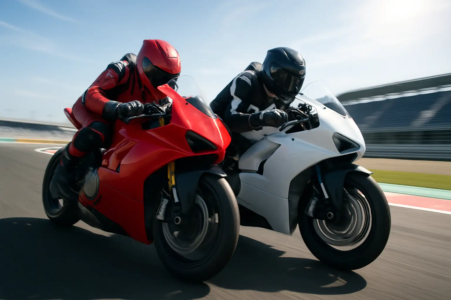 Two MotoGP riders battling side by side on a racing circuit