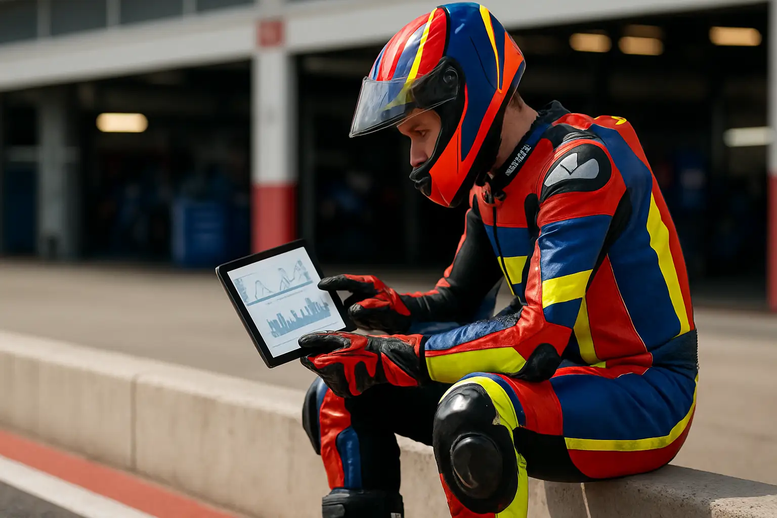 A MotoGP rider in full racing leathers reviewing data on a tablet in a pit garage during a break between sessions