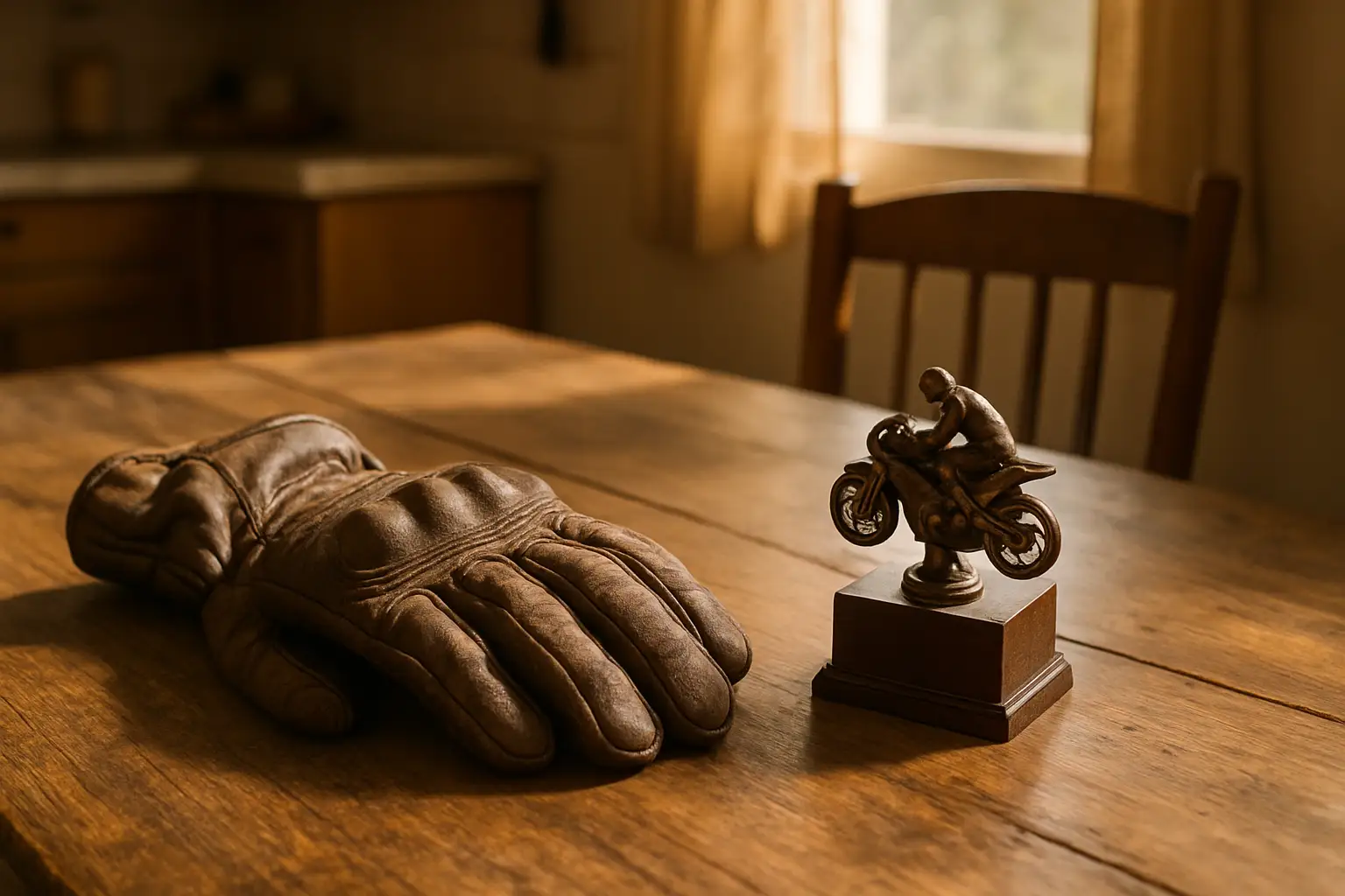 A motorcycle racer's helmet and racing gear laid out in a family home setting, symbolizing the personal story behind a champion