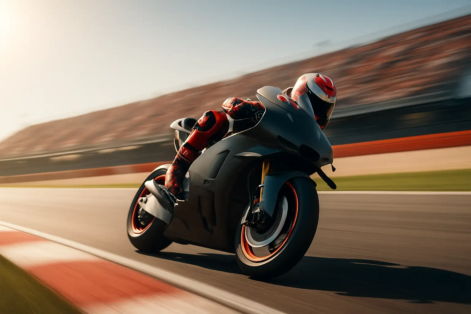 MotoGP rider in full racing leathers leaning through a high-speed corner on a red prototype motorcycle