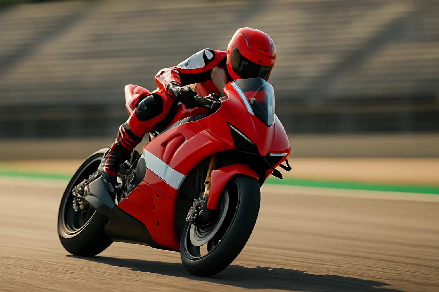 A MotoGP motorcycle leaning hard through a corner on a racing circuit