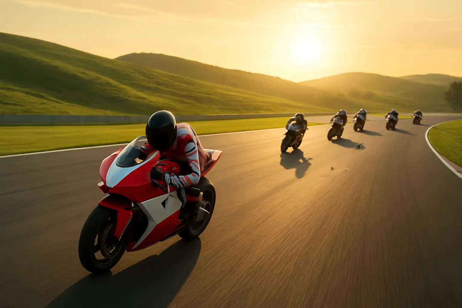 A MotoGP rider on a red racing motorcycle leading the pack through a sweeping corner at a race circuit