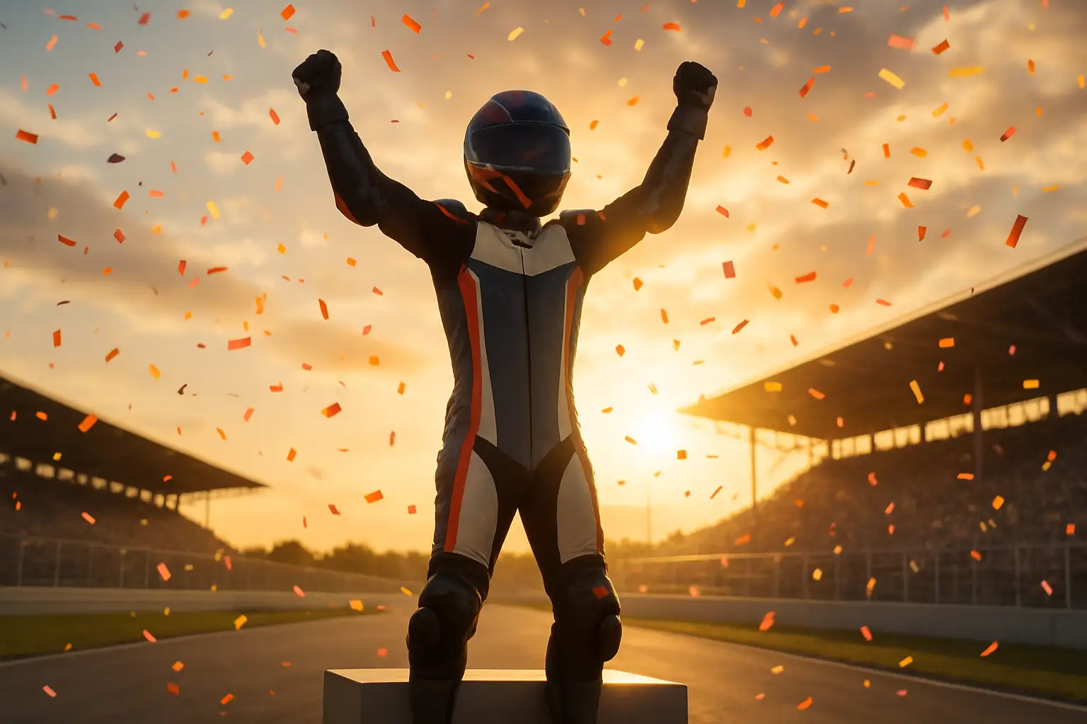A MotoGP rider celebrates a race victory on the podium, helmet raised in the air