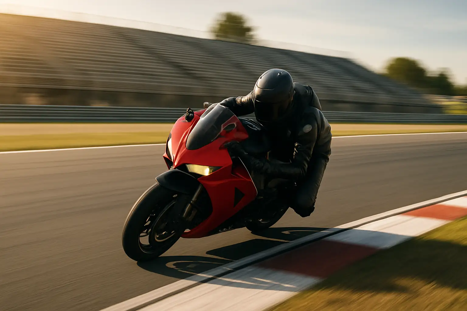 A MotoGP rider leaning deep through a high-speed corner on a red prototype racing motorcycle