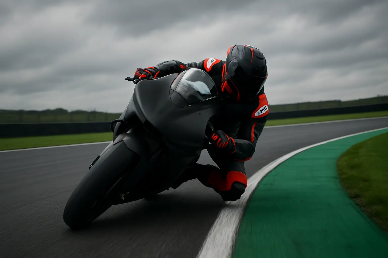 MotoGP rider on a Ducati leaning hard into a high-speed corner at a British circuit