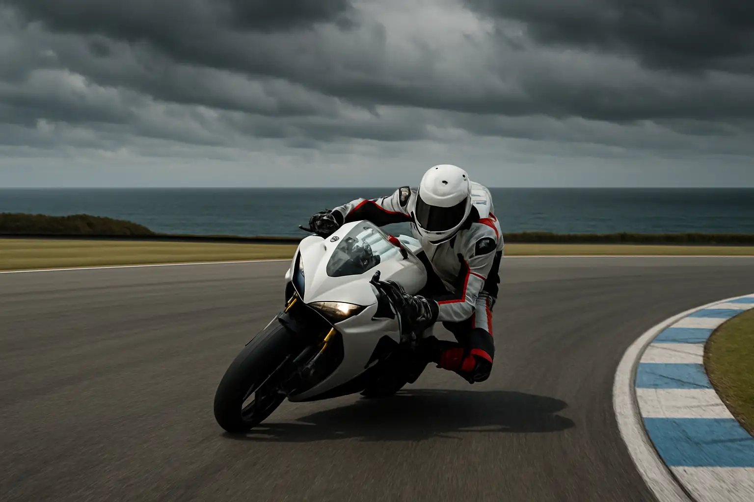MotoGP rider leaning into a fast corner at a coastal circuit under cloudy skies