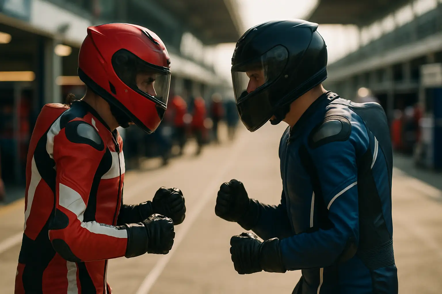 MotoGP riders in a tense paddock confrontation scene