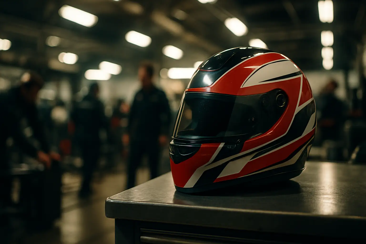 A MotoGP rider helmet on a pit lane table with Red Bull team members in the blurred background