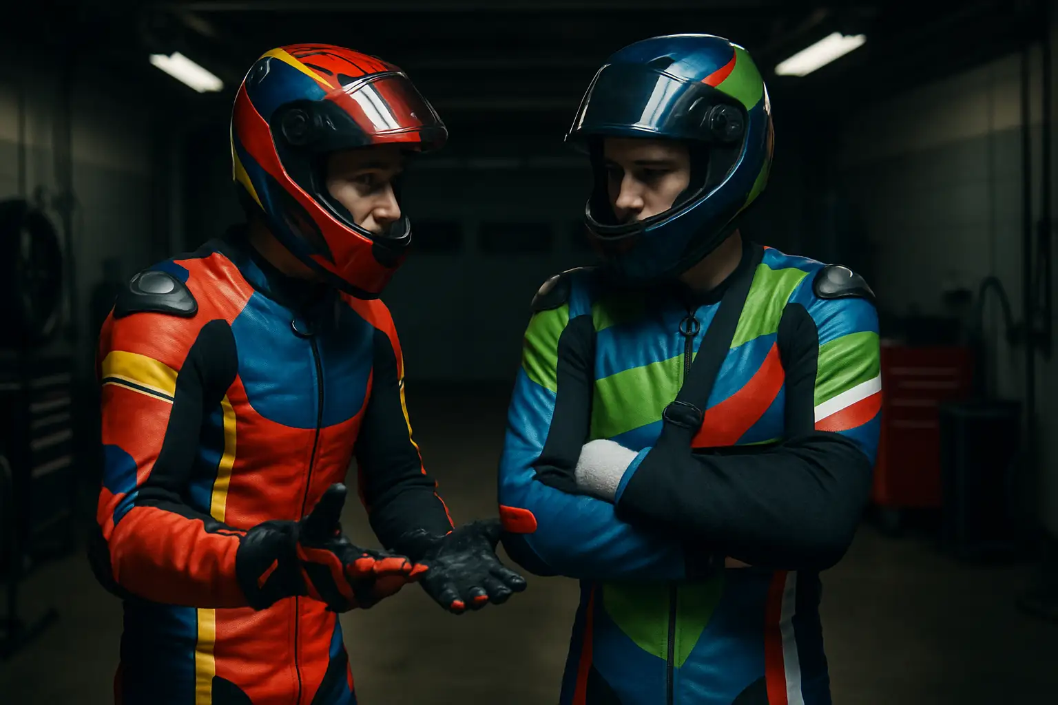 Two MotoGP riders in racing leathers having a serious conversation in a paddock garage