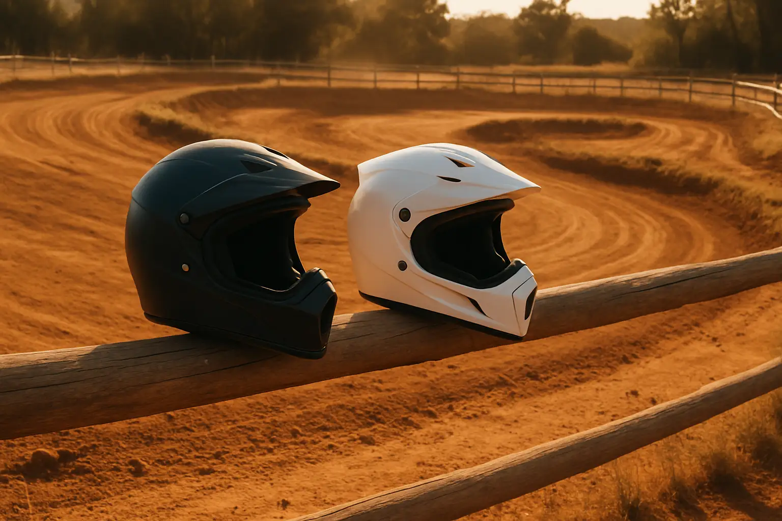 Two motorcycle helmets side by side on a dirt track at a private ranch, symbolizing a fierce off-track rivalry