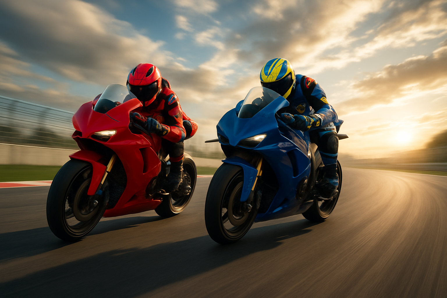 Two motorcycle racers competing closely on a grand prix circuit