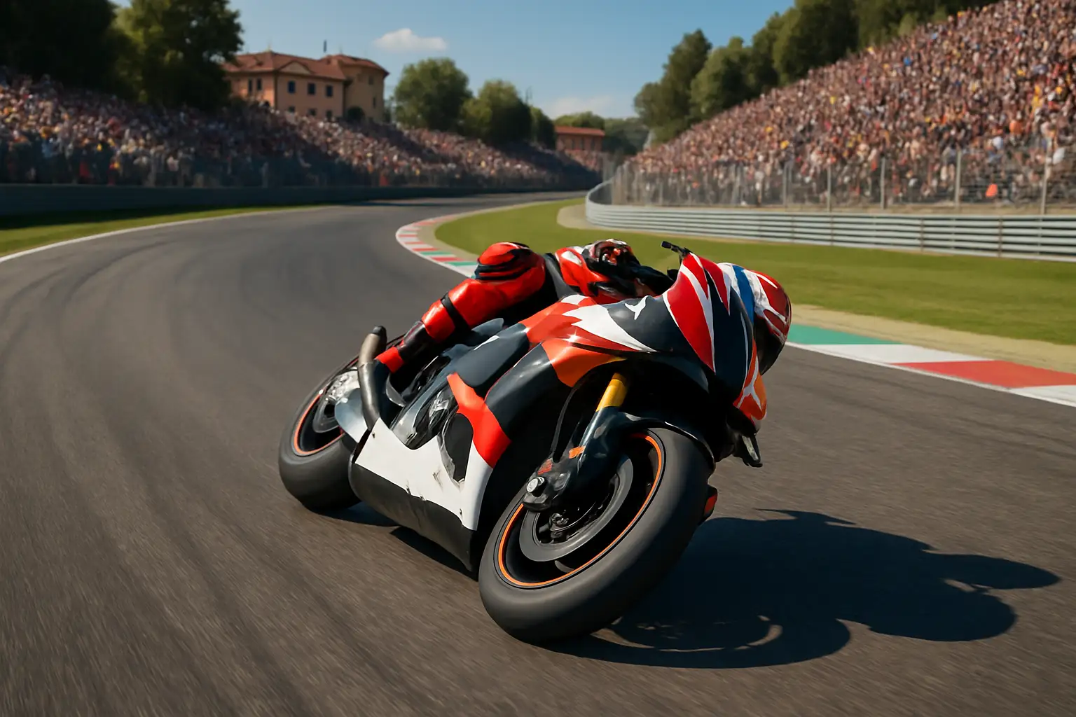 MotoGP rider leaning aggressively through a tight corner at a European circuit