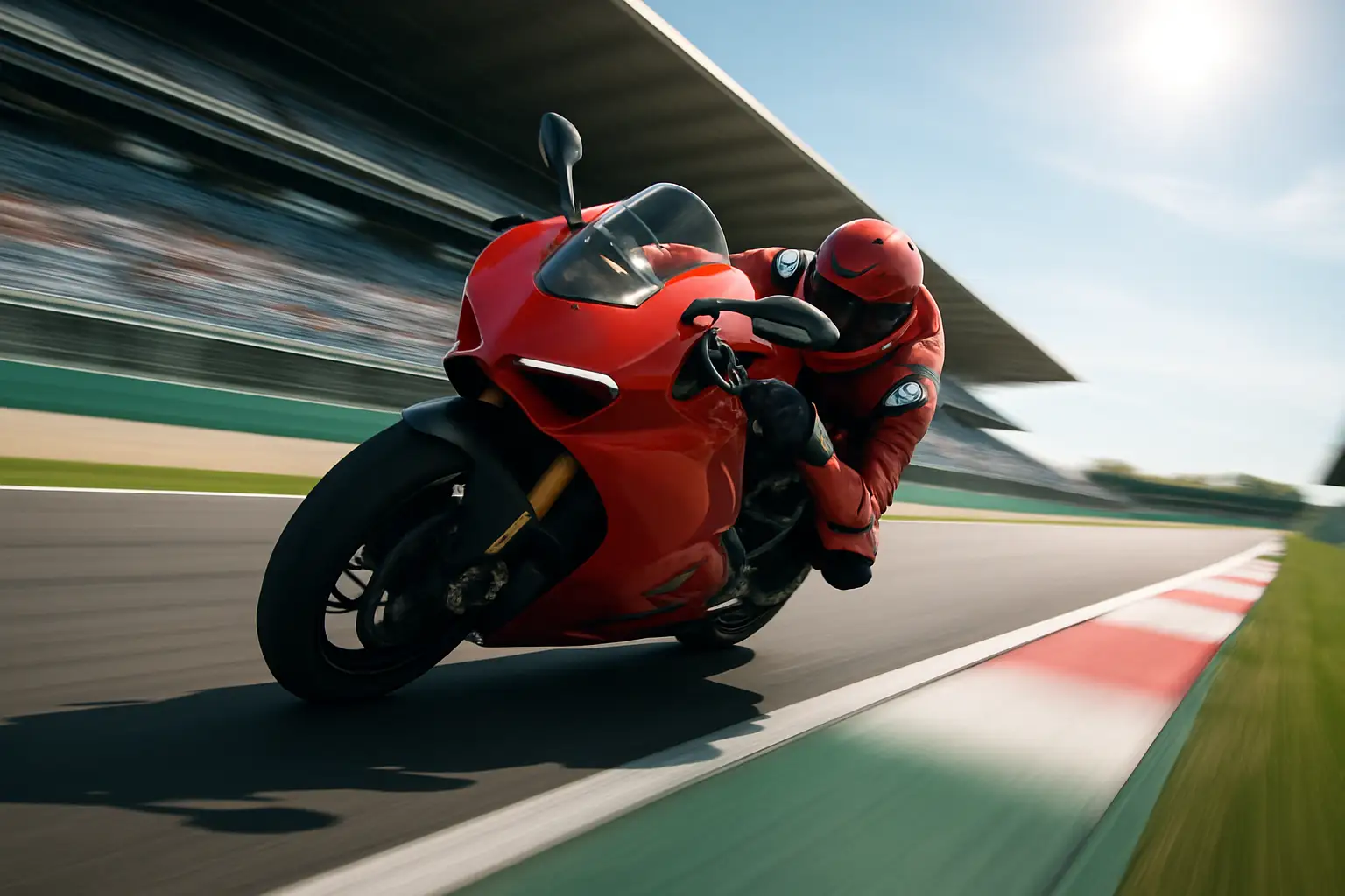 A MotoGP motorcycle leaning aggressively through a corner on a sunlit circuit