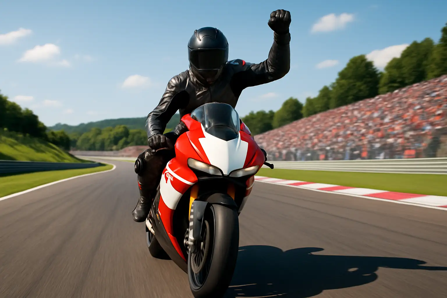 A MotoGP rider on a red racing bike celebrating a victory on a sunlit circuit