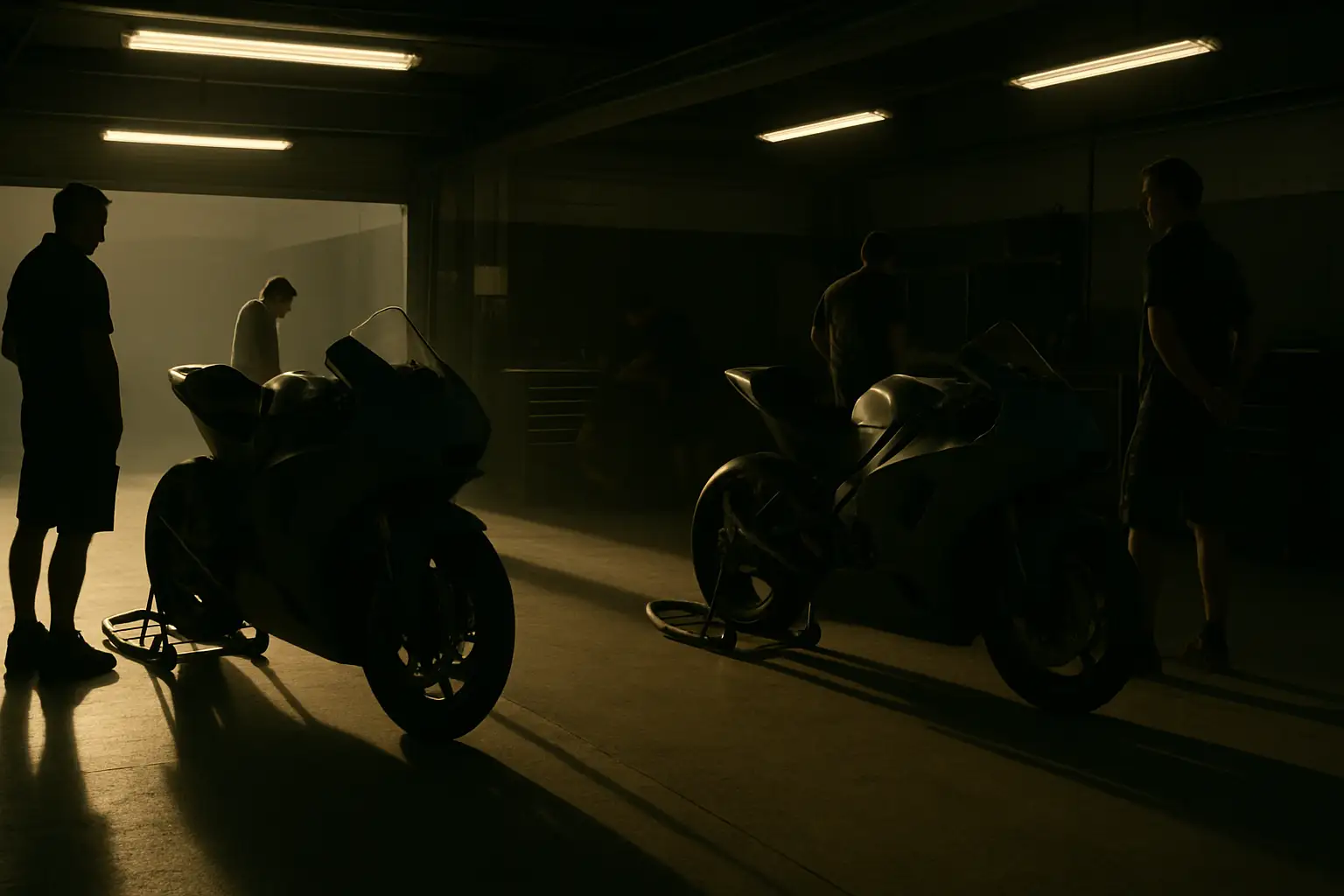 A motorcycle racing team garage with bikes on stands and mechanics working under bright pit lane lights
