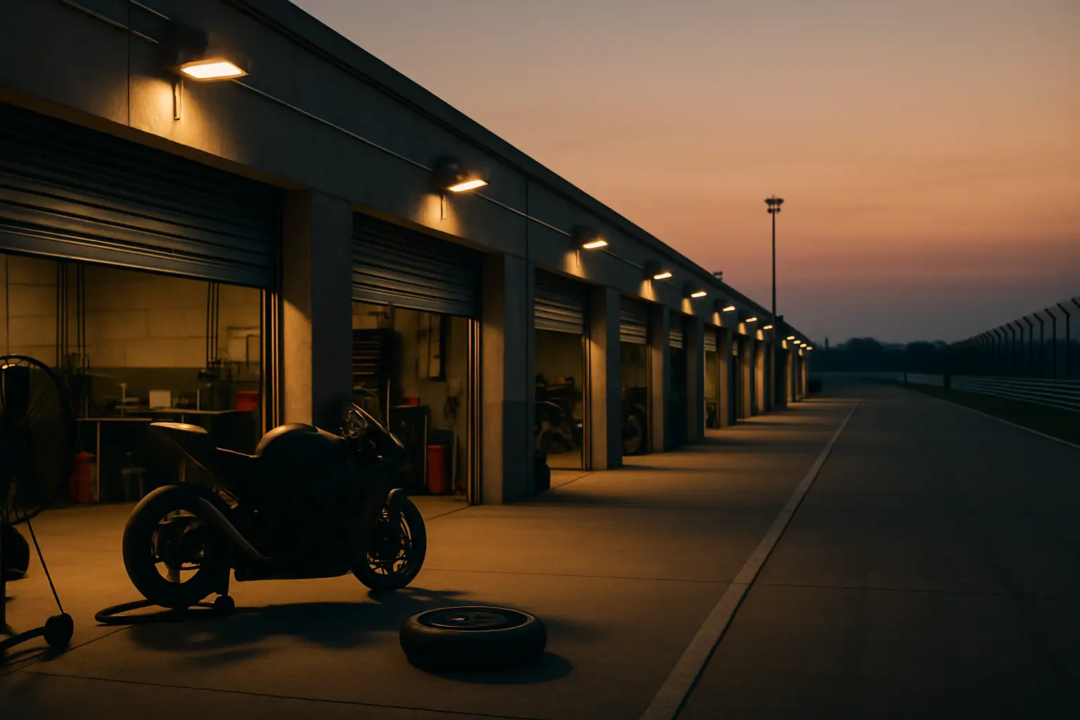 Empty motorcycle racing paddock with team garages and pit lane at dusk