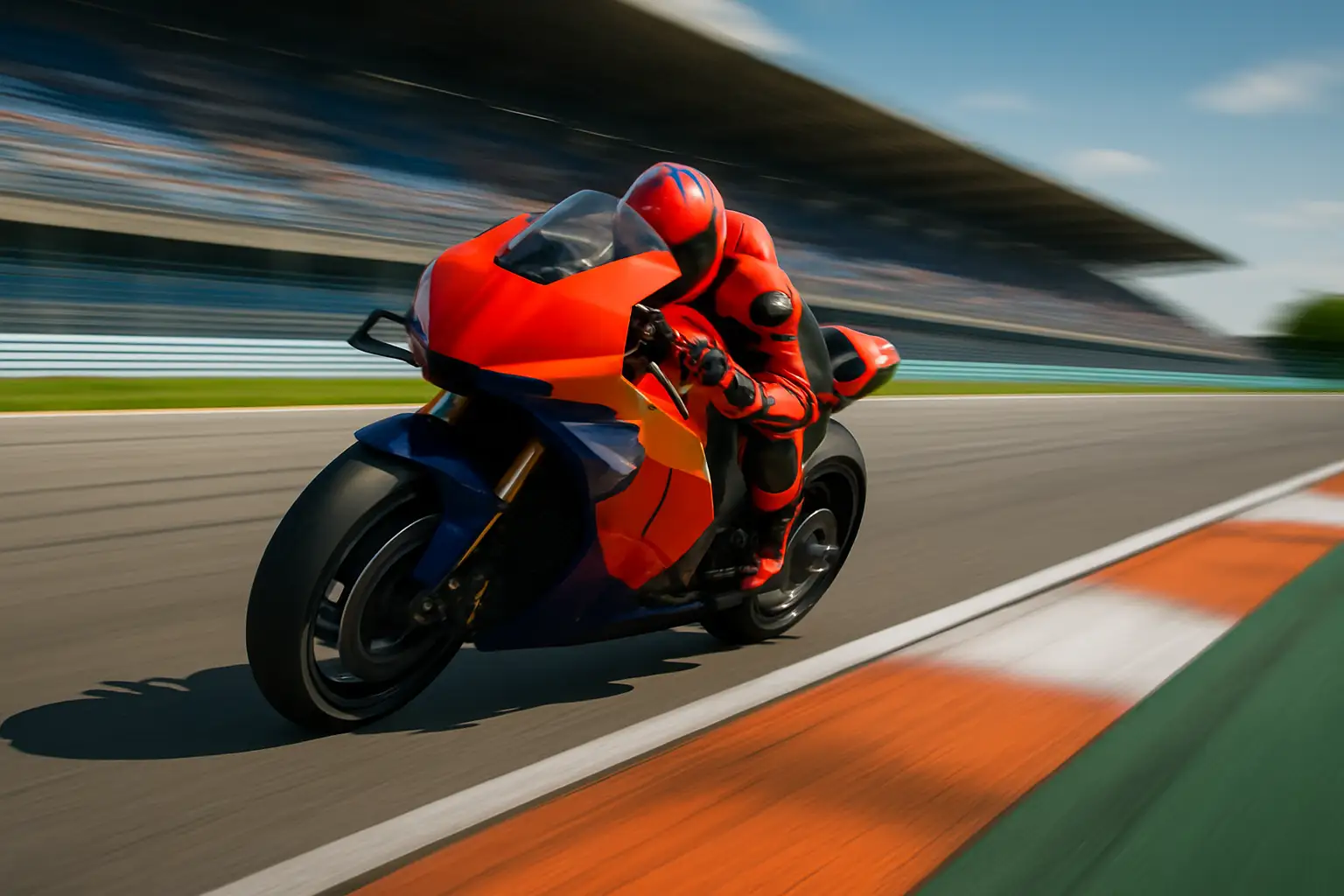 MotoGP rider leaning through a high-speed corner on a modern prototype motorcycle