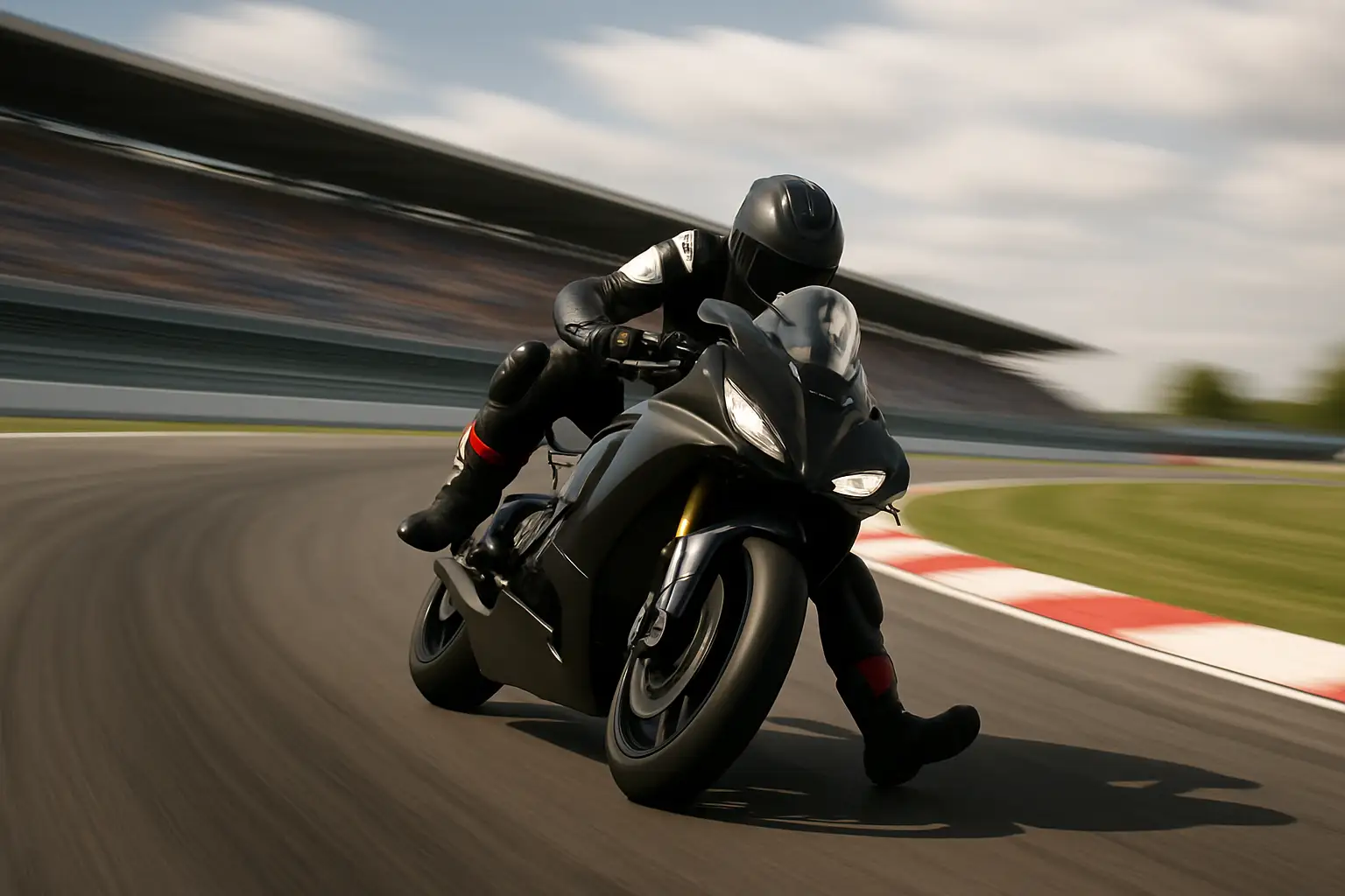 A MotoGP rider leaning deep into a corner with leg out on a modern prototype bike