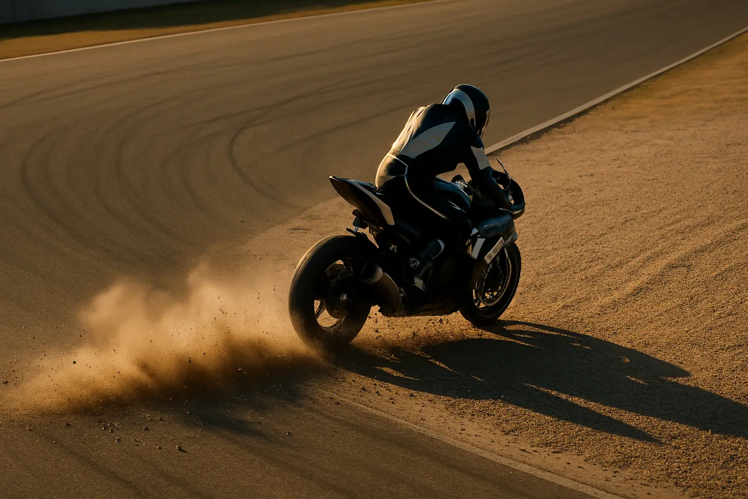 MotoGP rider on a prototype bike sliding toward a gravel trap on a race circuit