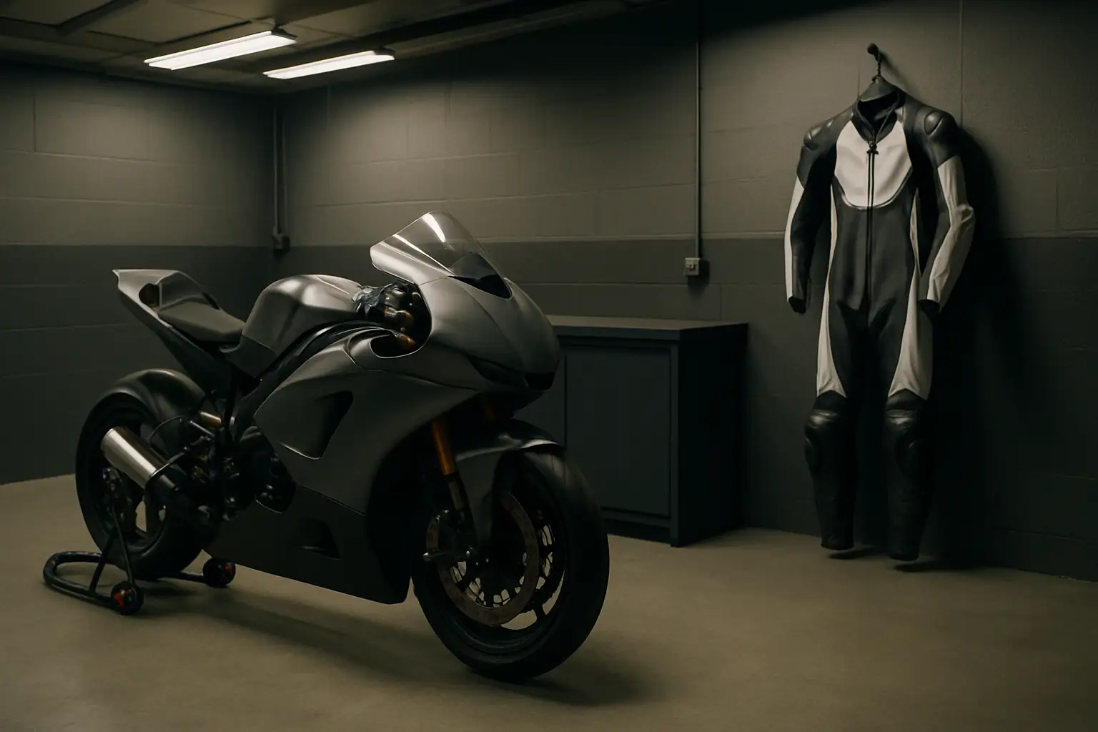 MotoGP rider in full racing leathers standing in a pit lane garage beside a prototype racing motorcycle