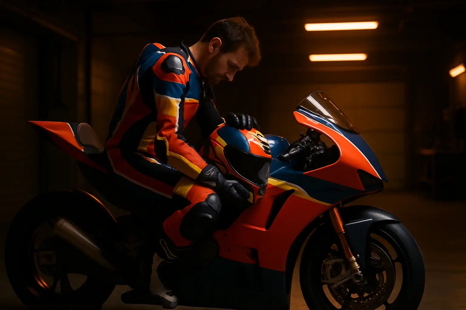 MotoGP rider in full leathers sitting on a stationary race bike, helmet in hand, looking reflective in a paddock garage