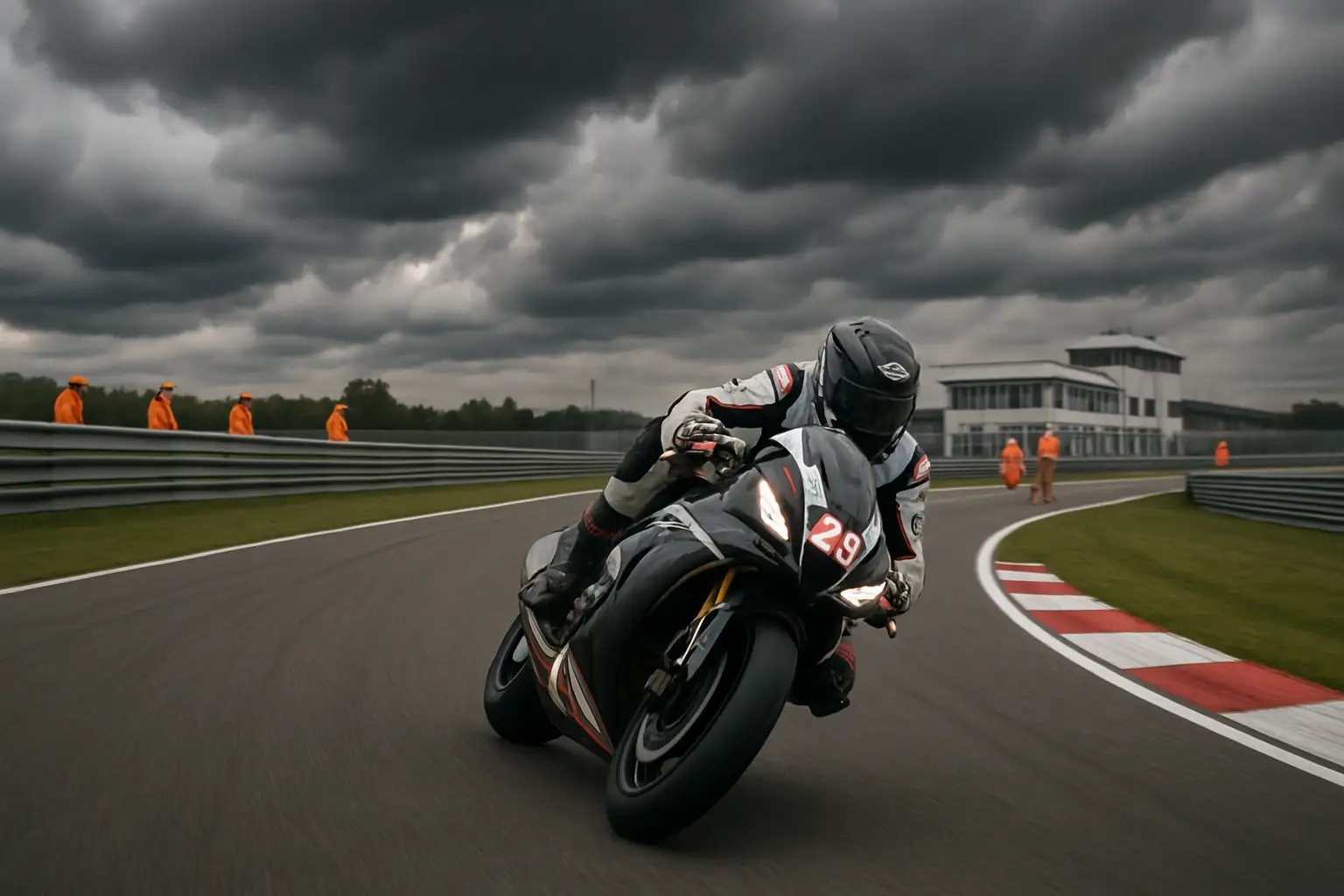 MotoGP rider on track during a sprint race with marshals visible in the background