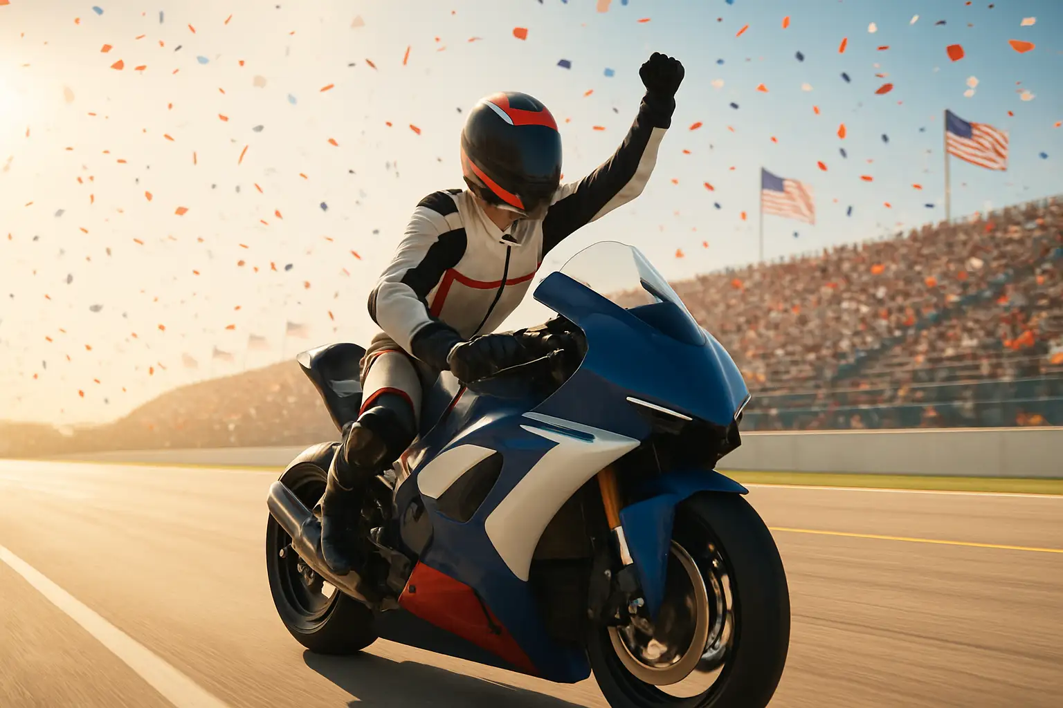 A MotoGP rider in full racing leathers celebrating a victory on an American circuit