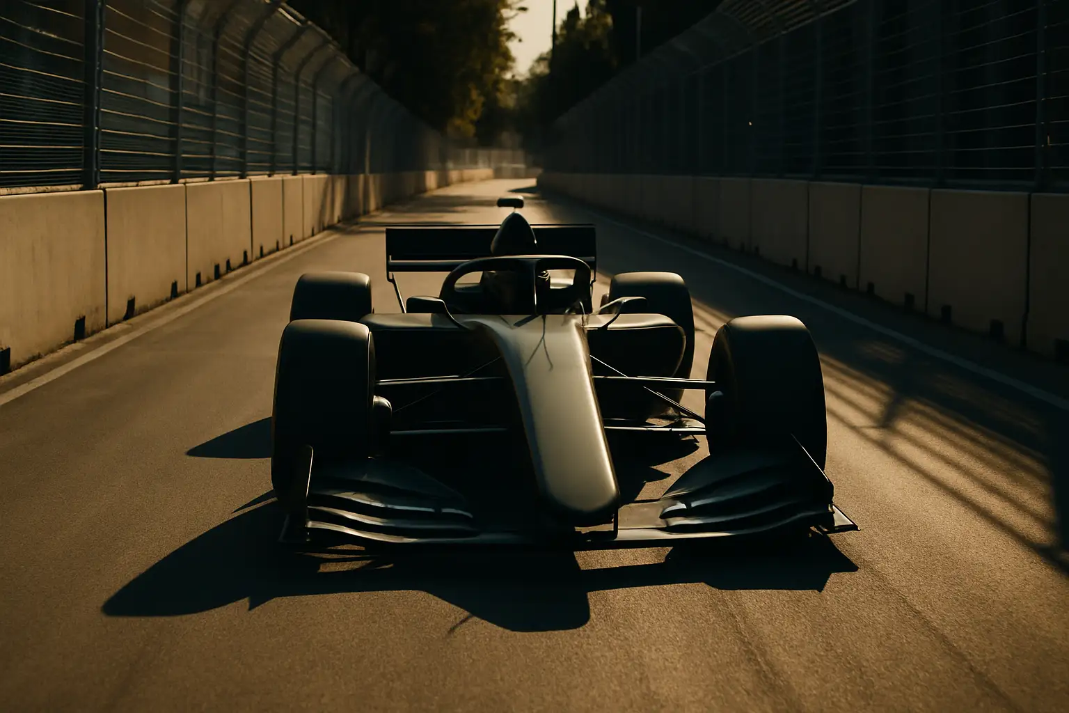 IndyCar single-seater racing on a tight urban street circuit lined with concrete barriers