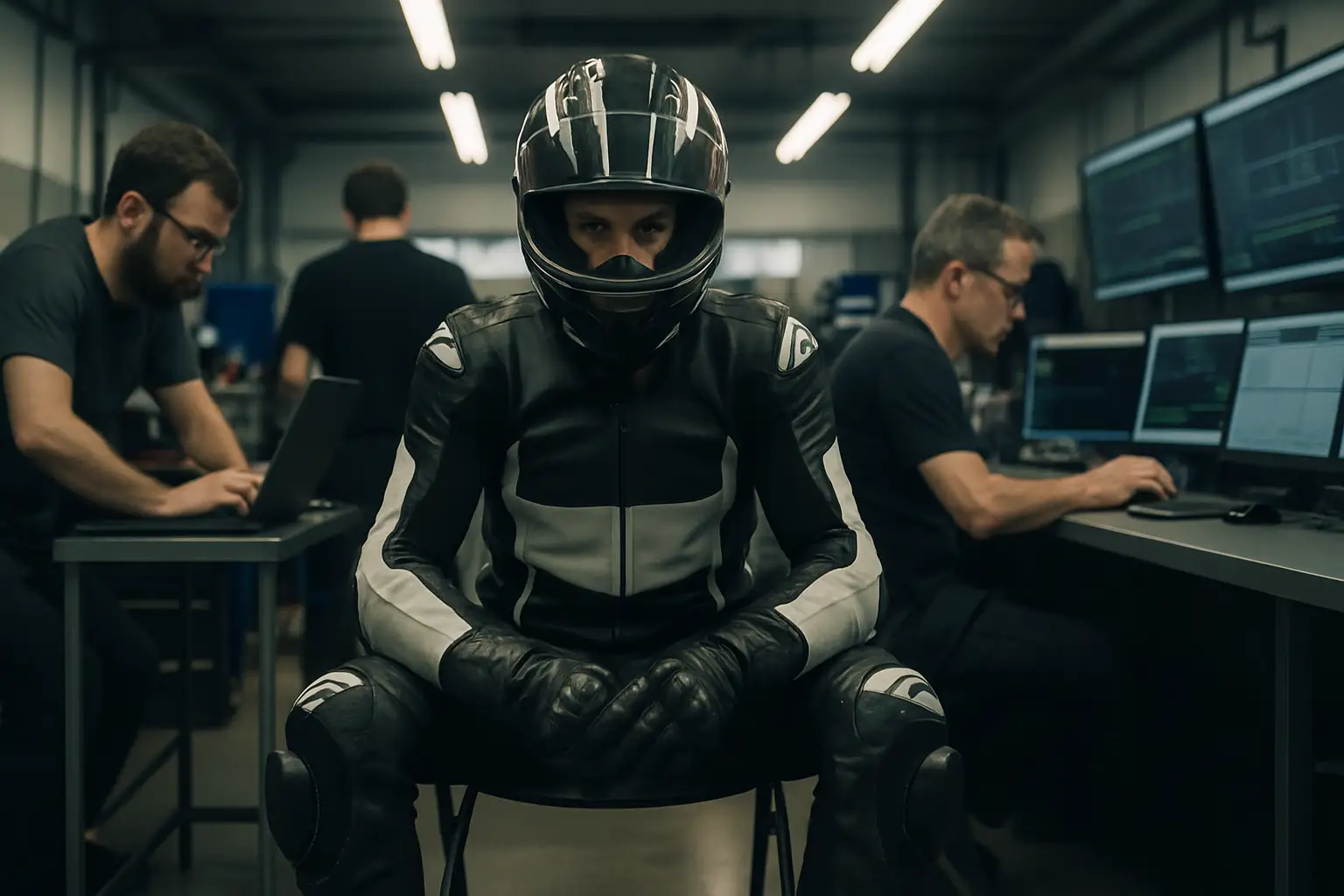 MotoGP rider on a factory prototype bike during a race weekend, pit lane in the background