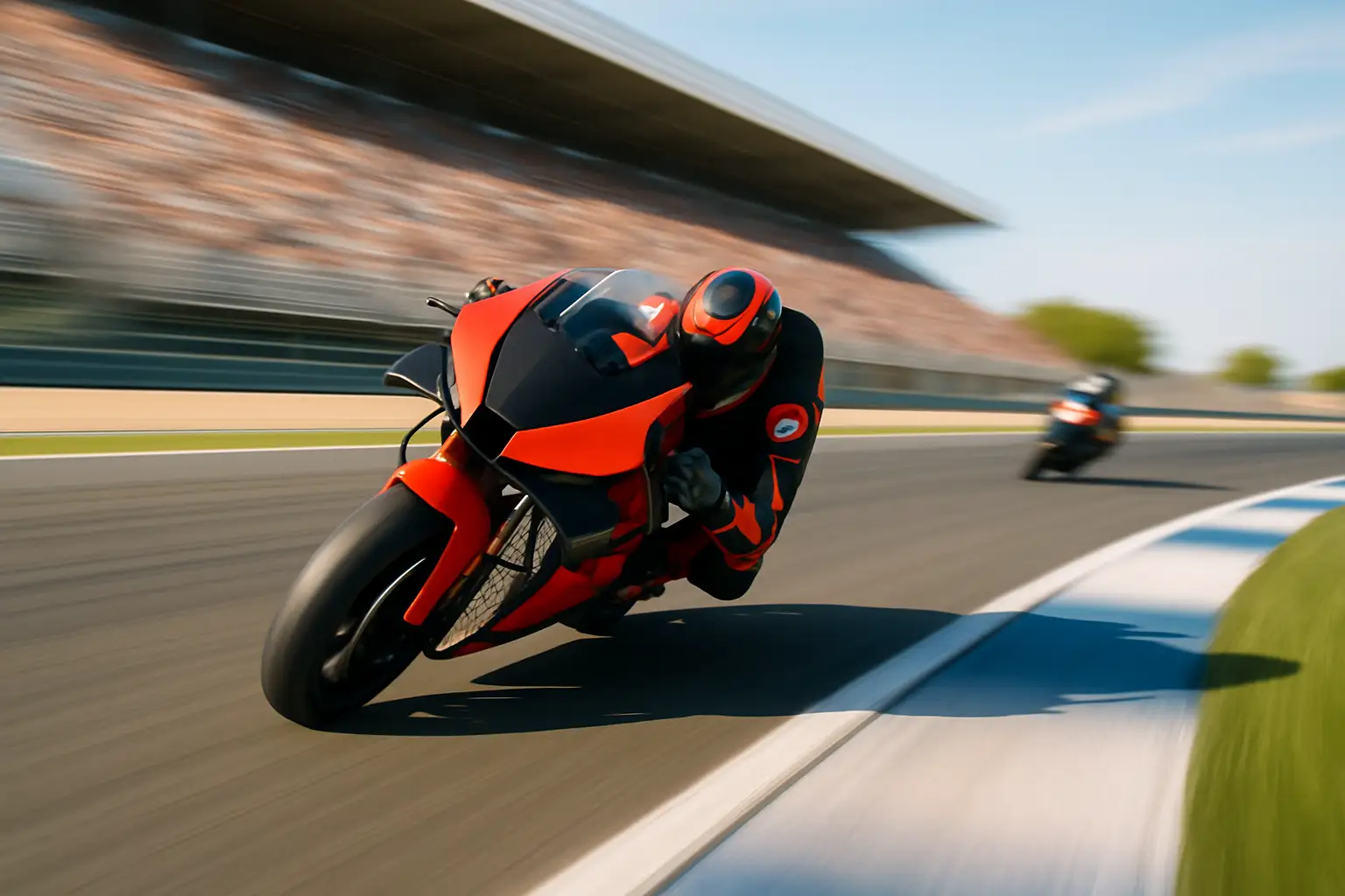 MotoGP rider on a Ducati leaning into a corner at speed during a grand prix race