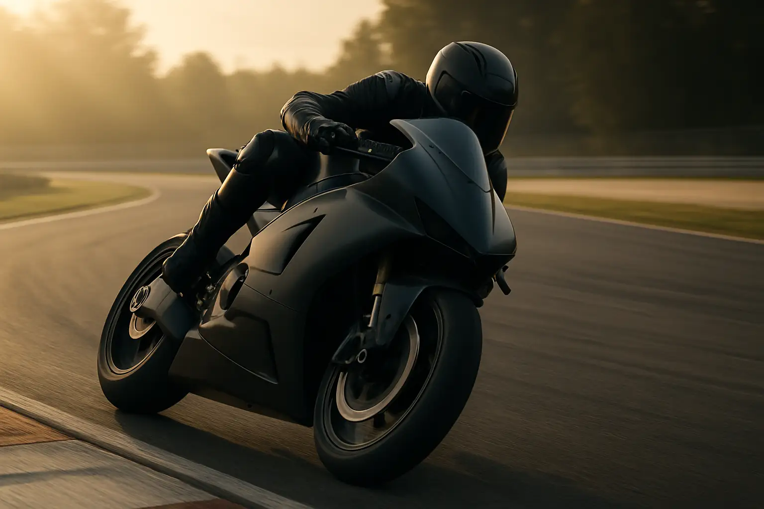 A MotoGP prototype motorcycle on a test track with a blurred rider in full racing leathers