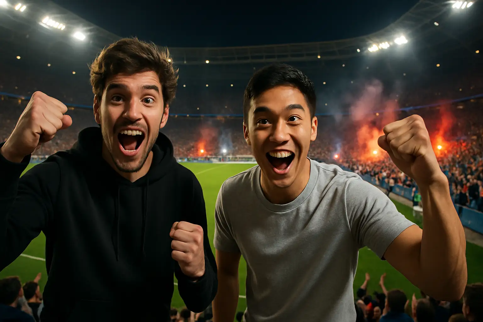 Two MotoGP riders cheering excitedly in a stadium crowd during a major football match