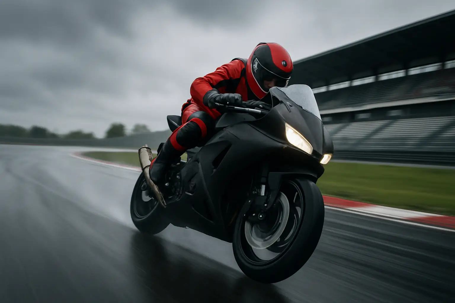 A MotoGP rider in racing leathers and helmet leaning into a fast corner on a circuit